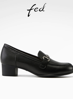 fed头层牛皮26春季新款女鞋复古百搭法式粗跟单鞋时装鞋乐福鞋女