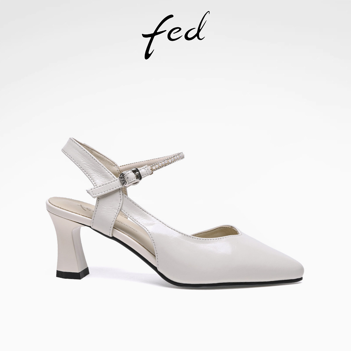 fed头层牛皮26夏季新款真皮女鞋细高跟后空单鞋一字带扣半凉鞋女