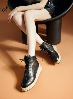 fed厚底马丁靴冬季新款女靴黑色真皮短靴坡跟休闲鞋女D1015-ZF253