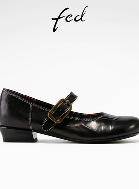 fed头层牛皮26春季新款缝线复古真皮粗跟圆头软底玛丽珍鞋女单鞋