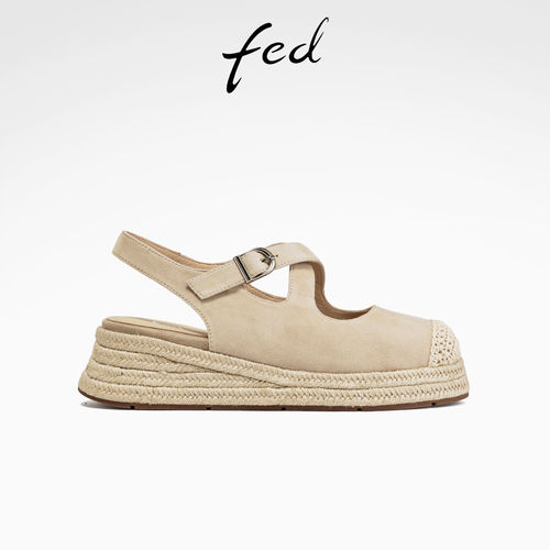 fed厚底渔夫鞋夏季新款女鞋交叉带草编鞋包头凉鞋女款S0609-YA626