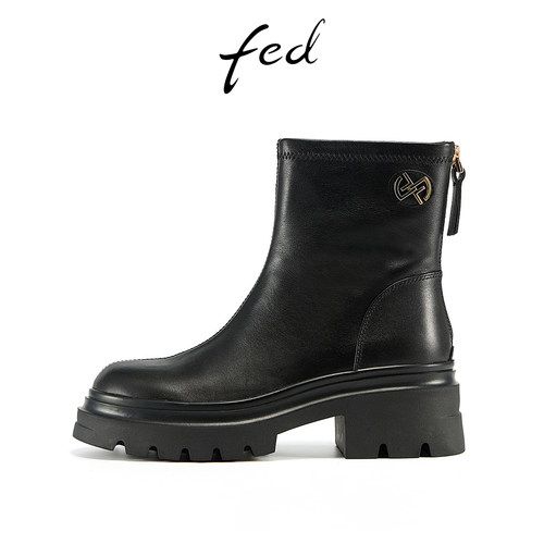 fed真皮复古春秋粗跟头层牛皮靴子女短靴瘦瘦靴切尔西靴马丁靴女