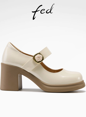 fed2026春季新款百搭超轻粗跟女鞋羊皮垫漆皮单鞋通勤玛丽珍鞋女