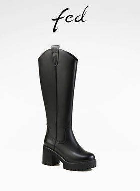 fed头层牛皮靴女鞋圆头粗跟厚底靴子女靴长靴高筒西部靴骑士靴女