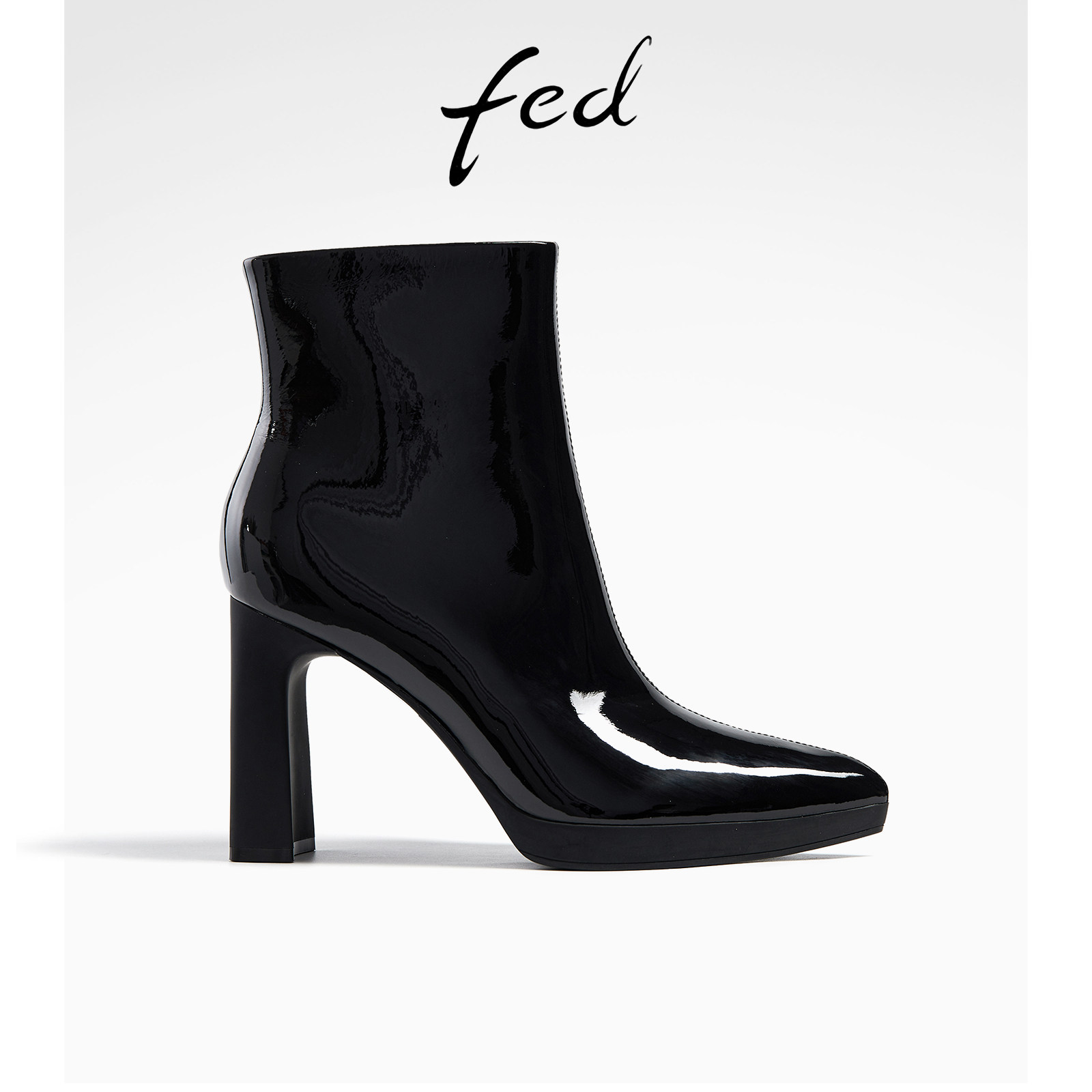 【高级感头层牛漆皮】fed春秋真皮女鞋粗高跟靴子女短靴时装靴女