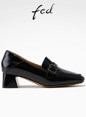 fed黑链编花乐福鞋春季新款女鞋方头深口单鞋粗跟高跟鞋女款ZC095