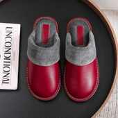 男女室内防水防滑软底静音厚底牛皮托鞋 真皮面居家保暖棉拖鞋 冬季