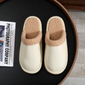 全牛皮面防水加绒秋冬季 保暖防滑简约棉拖鞋 真皮男女情侣家用静音