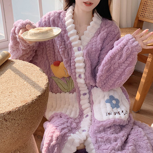 珊瑚绒睡袍女秋冬季加绒加厚长款冬天睡衣2025年新款保暖家居服
