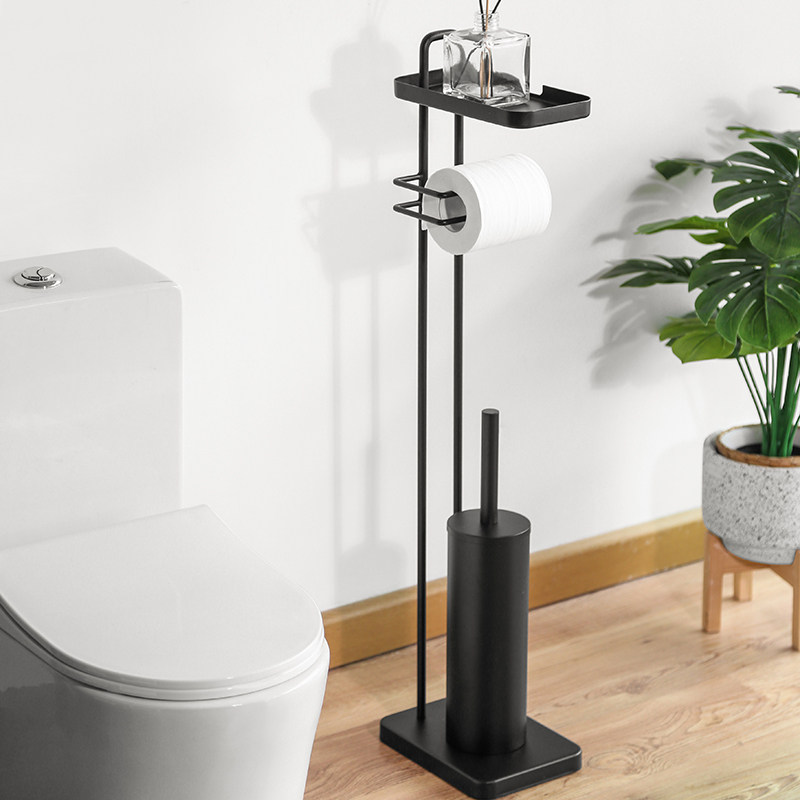 出口单免打孔落地式纸巾架浴室卫生间黑色卷纸置物架带马桶刷套装
