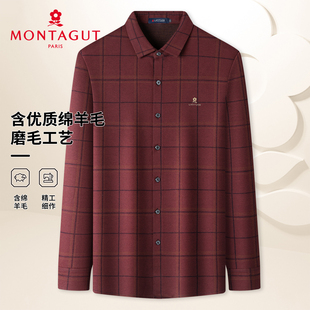 梦特娇格子衬衫男士2025秋季新款中年人男装衬衣绵羊毛POLO上衣Z