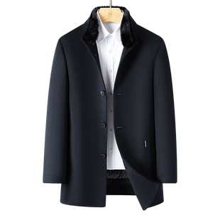 [水貂毛领/鹅绒内胆]梦特娇冬季男立领羊毛呢大衣中长款羽绒保暖J