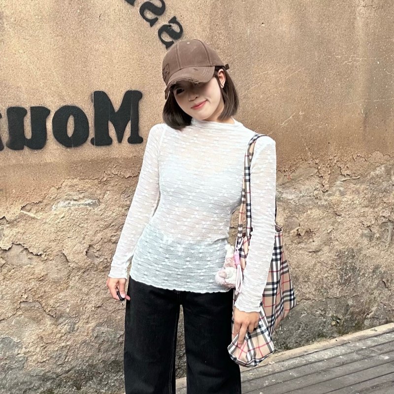 半高领蕾丝打底衫女2025春秋冬新款洋气内搭透视长袖网纱上衣