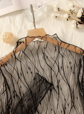 黑色通勤性感纱衣薄纱套头长袖内搭透视镂空蕾丝网纱上衣打底衫女