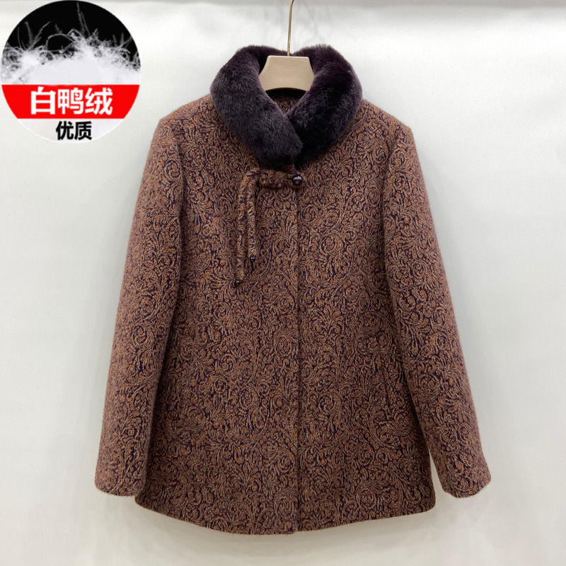 品牌妈妈装保暖冬装白鸭绒羽绒服女獭兔毛领毛呢大衣中老年厚外套