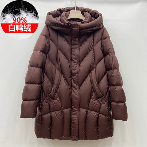 586实体品牌90白鸭绒轻盈羽绒衫中长款外套休闲连帽妈妈装羽绒服