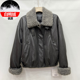品牌羊羔毛翻领涂层皮衣羽绒服短外套女时尚夹克羽绒衫冬装机车风