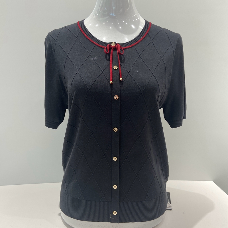品牌妈妈装夏季舒适天丝短袖T恤衫女洋气领结圆领套头小香风上衣