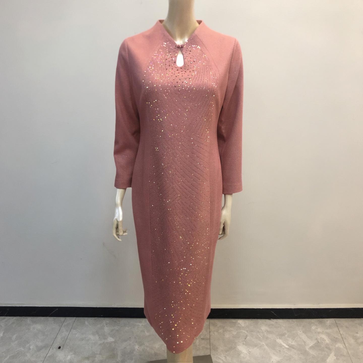 亮丝羊毛旗袍裙喜妈妈婚宴装礼服国风重工烫钻敬酒服喜婆婆连衣裙