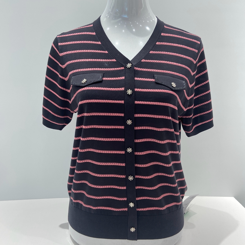 品牌高端天丝针织衫夏季短袖T恤衫女中年妈妈装时尚V领显瘦条纹衫