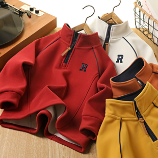 红色男童卫衣加绒2025新款冬季半拉链立领插肩袖保暖加厚打底衫潮