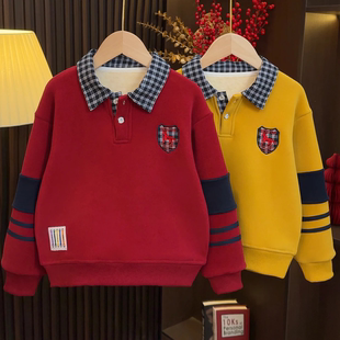 拜年服男童年服红色上衣2026新款儿童POLO衫加绒卫衣过年服打底衫