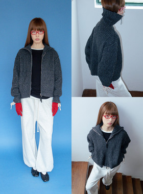 FUNKYFUN 深灰色竖坑条高领立领明骨位设计秋冬针织毛衣外套