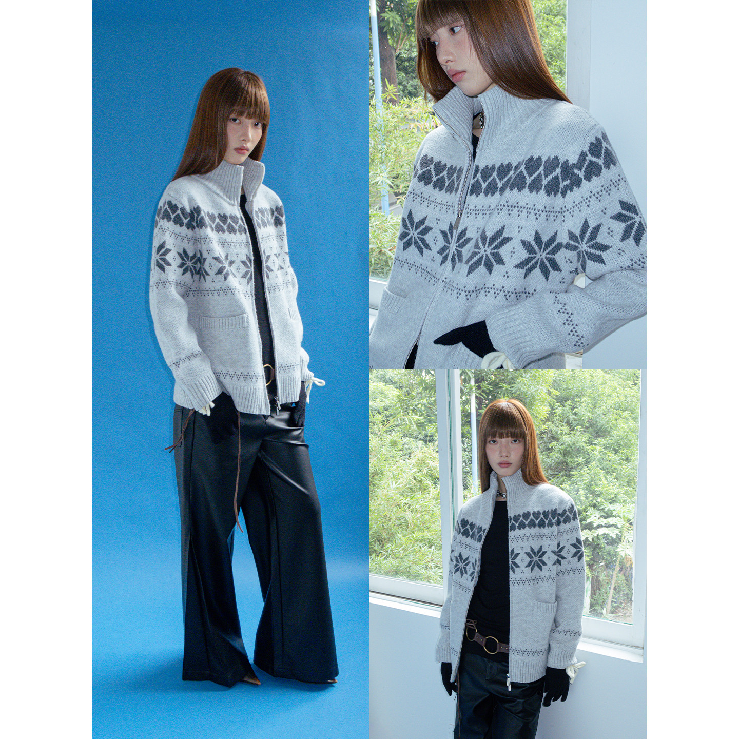 FUNKYFUN 浅灰色三色提花撞色费尔岛拉链开衫针织秋冬毛衣外套