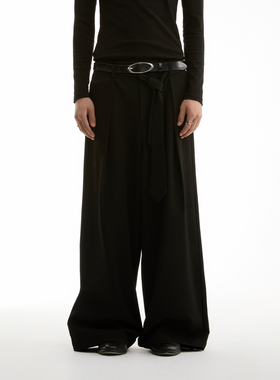 FUNKYFUN 2024AW 领带袢腰挂设计阔型直筒黑色西裤休闲裤