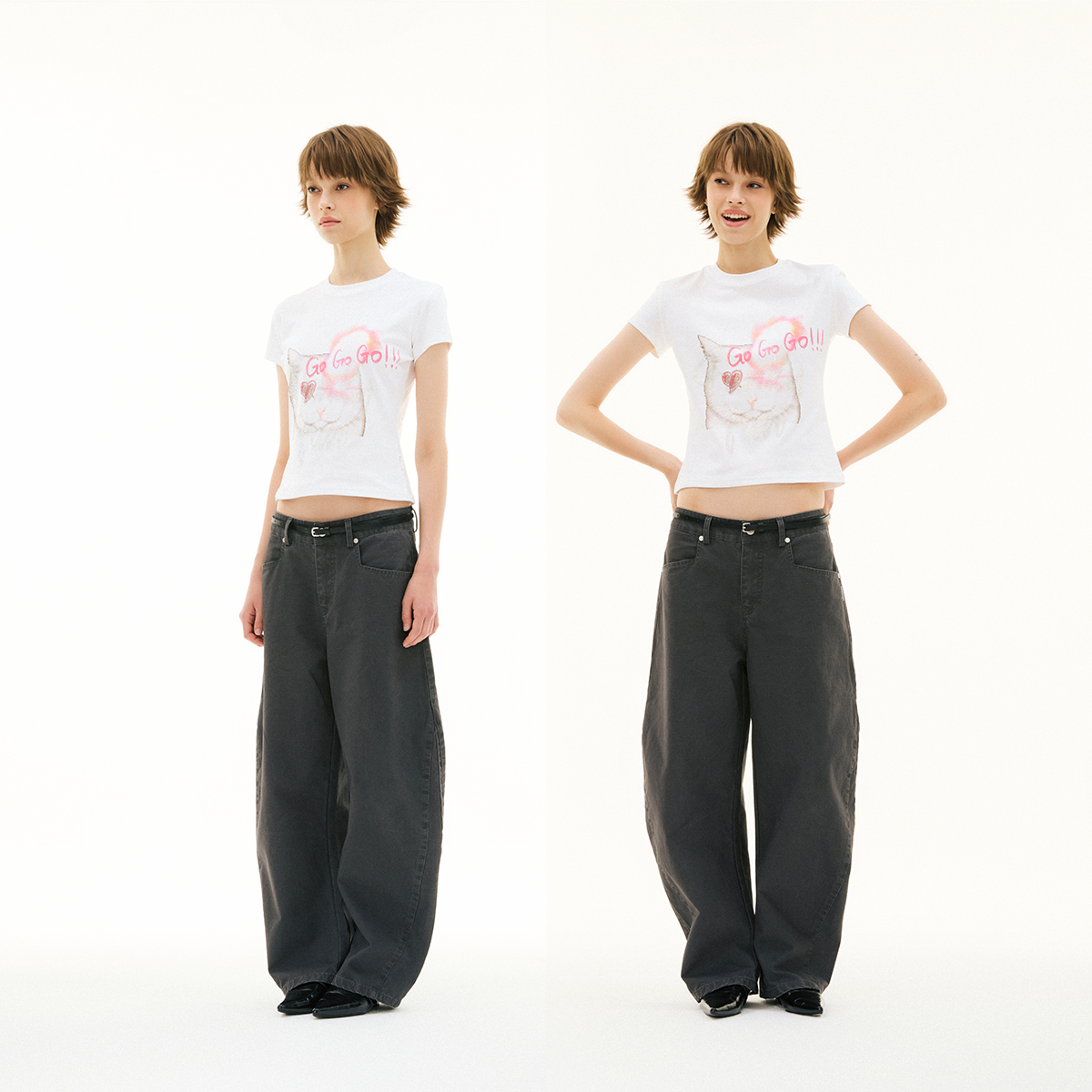 FUNKYFUN 2025SS 小猫彩色烫钻小版型螺纹弹力圆领正肩短袖tee