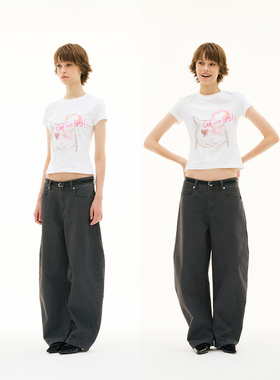 FUNKYFUN 2025SS 小猫彩色烫钻小版型螺纹弹力圆领正肩短袖tee