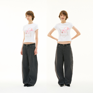 型螺纹弹力圆领正肩短袖 小猫彩色烫钻小版 tee 2025SS FUNKYFUN