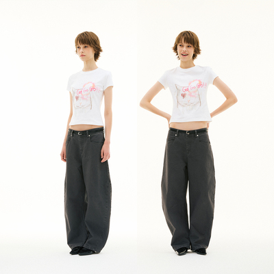 FUNKYFUN 2025SS 小猫彩色烫钻小版型螺纹弹力圆领正肩短袖tee