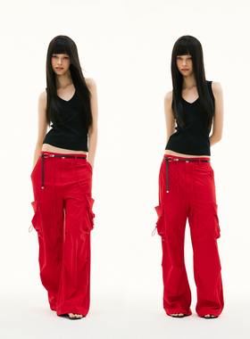 FUNKYFUN 2025SS 灰色暗红色双侧大口袋工装直筒风衣运动裤休闲裤