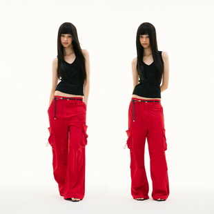 休闲裤 FUNKYFUN 直筒风衣运动裤 灰色暗红色双侧大口袋工装 2025SS