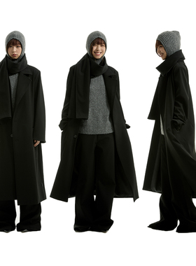 FUNKYFUN 2024AW 黑色纯色连围脖设计长款西装大衣外套