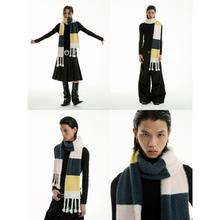 FUNKYFUN 拼色宽条纹流苏软糯长围巾围脖 2024AW