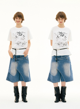 FUNKYFUN 2025SS 做旧斑驳花卉标语印花宽松大版型落肩圆领短袖t