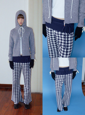 FUNKYFUN 蝴蝶结系带宝蓝色格纹中高腰可下翻针织喇叭裤休闲裤