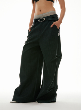 FUNKYFUN 2023AW 撞钉立体褶皱暗纹竖条直筒男女廓形复合面料西裤