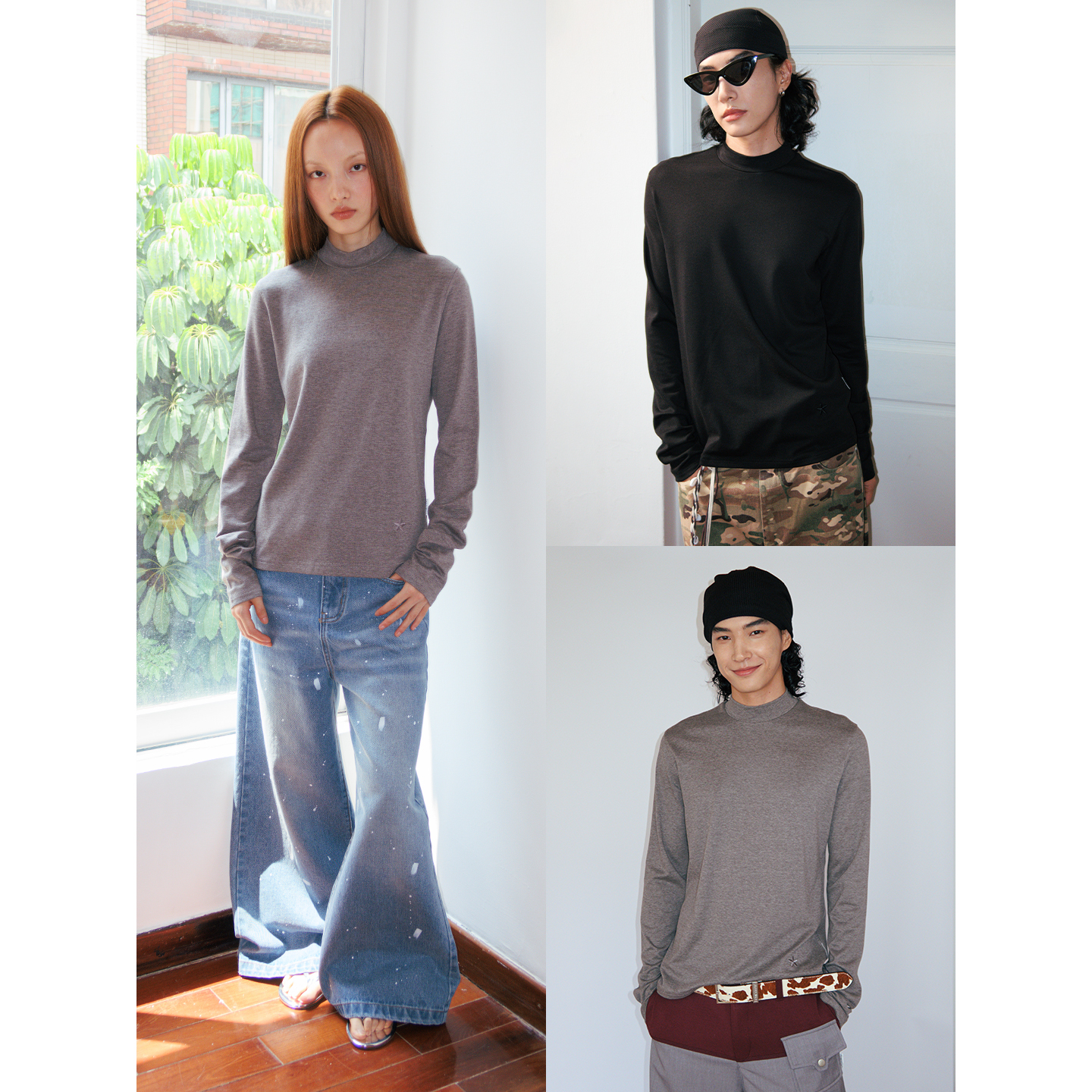 FUNKYFUN 黑灰色基础同色绣标修身弹力小高领长袖打底衫