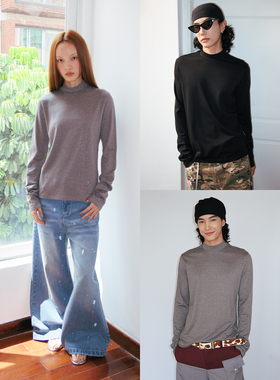 FUNKYFUN 黑灰色基础同色绣标修身弹力小高领长袖打底衫