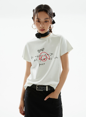 FUNKYFUN设计师手绘“狗狗是人类的好朋友”印花正肩短袖T恤短TEE