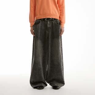 烟灰色大月亮袋口设计洗水做旧阔腿牛仔裤 FUNKYFUN 2024AW