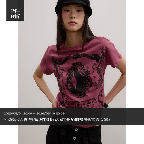 FUNKYFUN 哥特式复古猫图腾印花平领设计落肩短袖tee