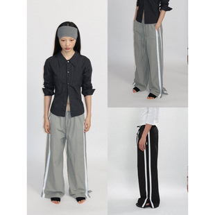 双杆白色贴布侧拉链开衩宽松直筒风衣运动裤 FUNKYFUN 2025AW