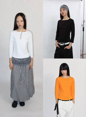 FUNKYFUN 2025AW 方领设计黑白橙三色弹力修身九分袖正肩T恤