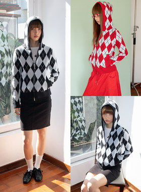 FUNKYFUN 菱格撞色缝线双拉链开衫连帽针织毛衣外套