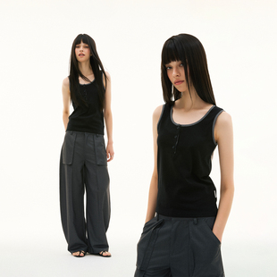 背心 纯色拼接格纹包边钮扣无袖 FUNKYFUN 2025SS