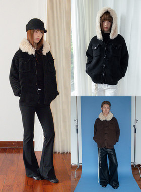 FUNKYFUN 可拆卸毛毛领 粗坑条牛角扣门襟连帽厚实针织毛衣外套